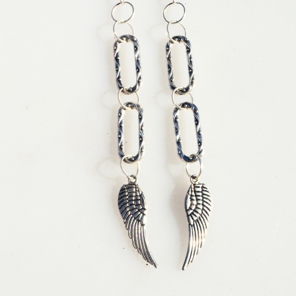 Long Silver Drop Earrings Angel Wings Handmade - Picture 4 of 4